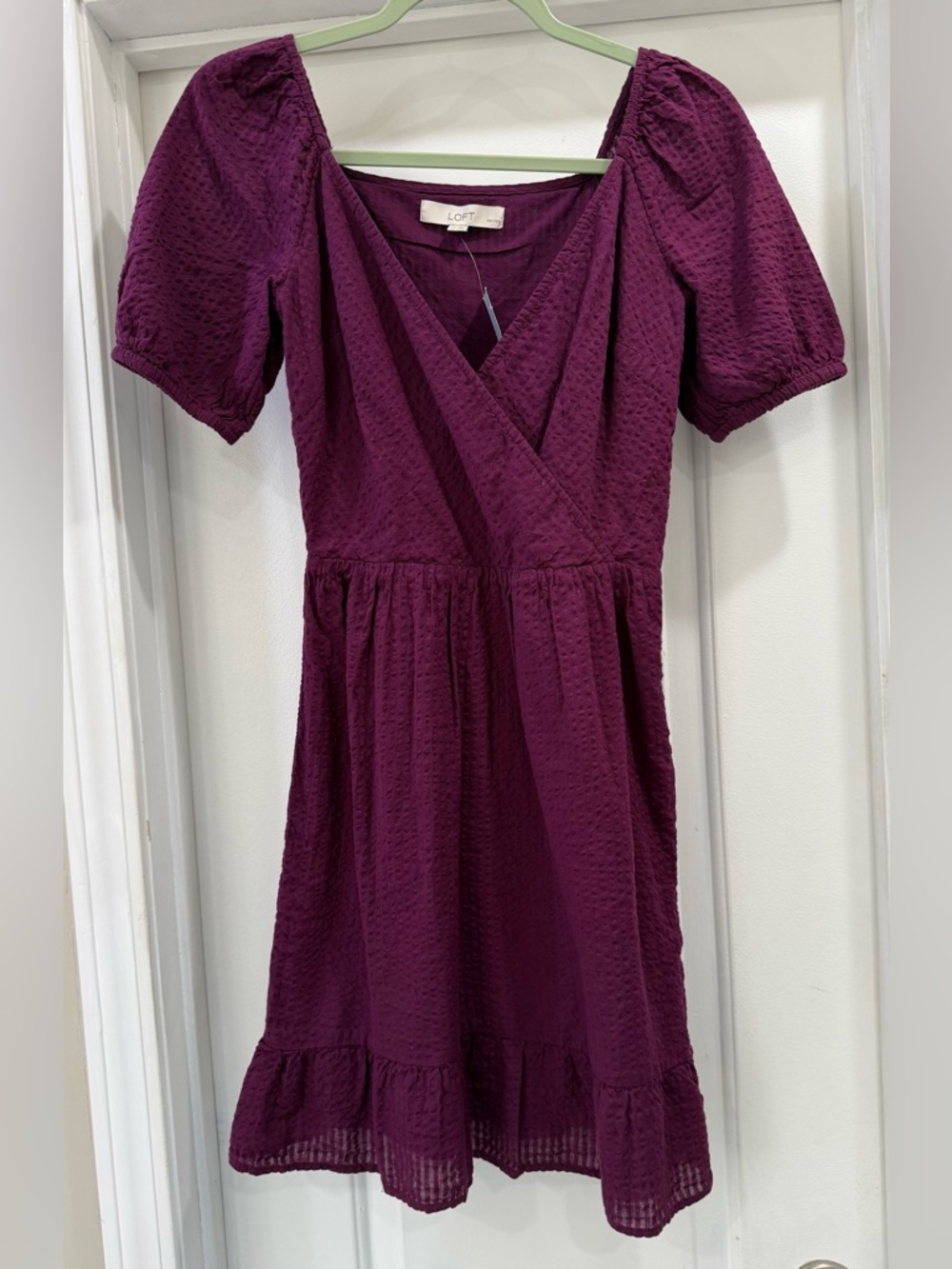 LOFT Deep Plum Textured Puff-Sleeve Midi Dress Size 00 Petite 🆕🆕